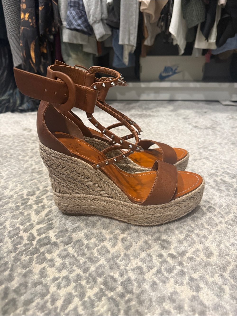 Christian Louboutin Brown Leather Studded Espadrille Wedge Sandals - Picture 4 of 4